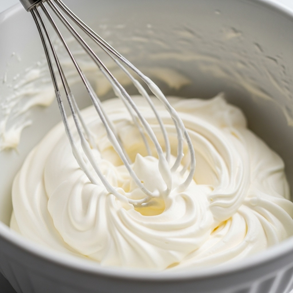 Whipping cream to soft peaks for berries and cream
