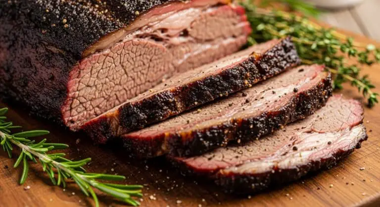 Perfectly sliced sous vide brisket on wooden board