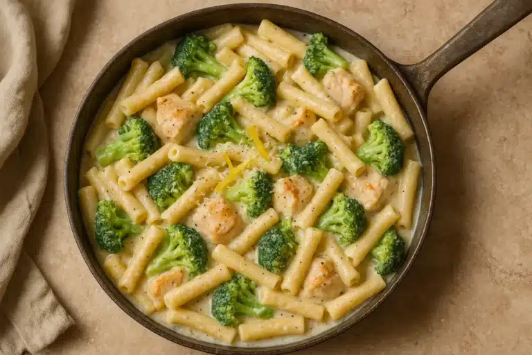 broccoli ziti and chicken in a garlic cream sauce
