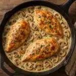 Baked chicken with cream of mushroom in skillet