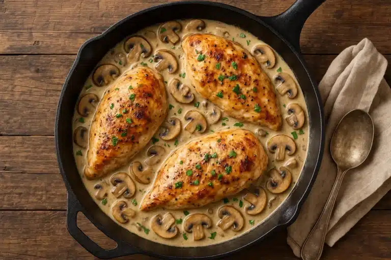 Baked chicken with cream of mushroom in skillet