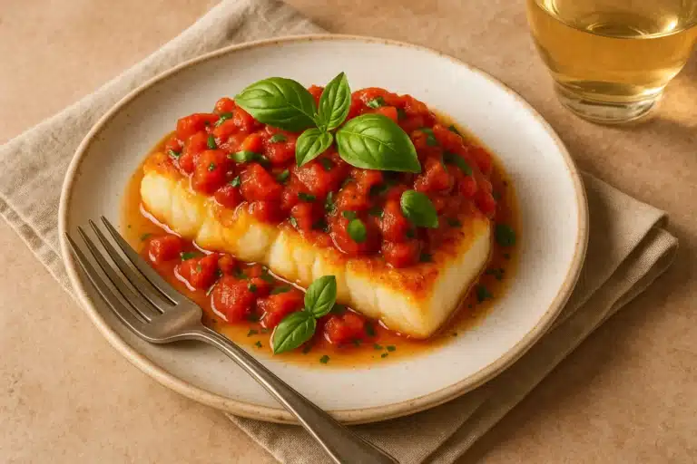 Golden Cod with Tomato Basil Sauce