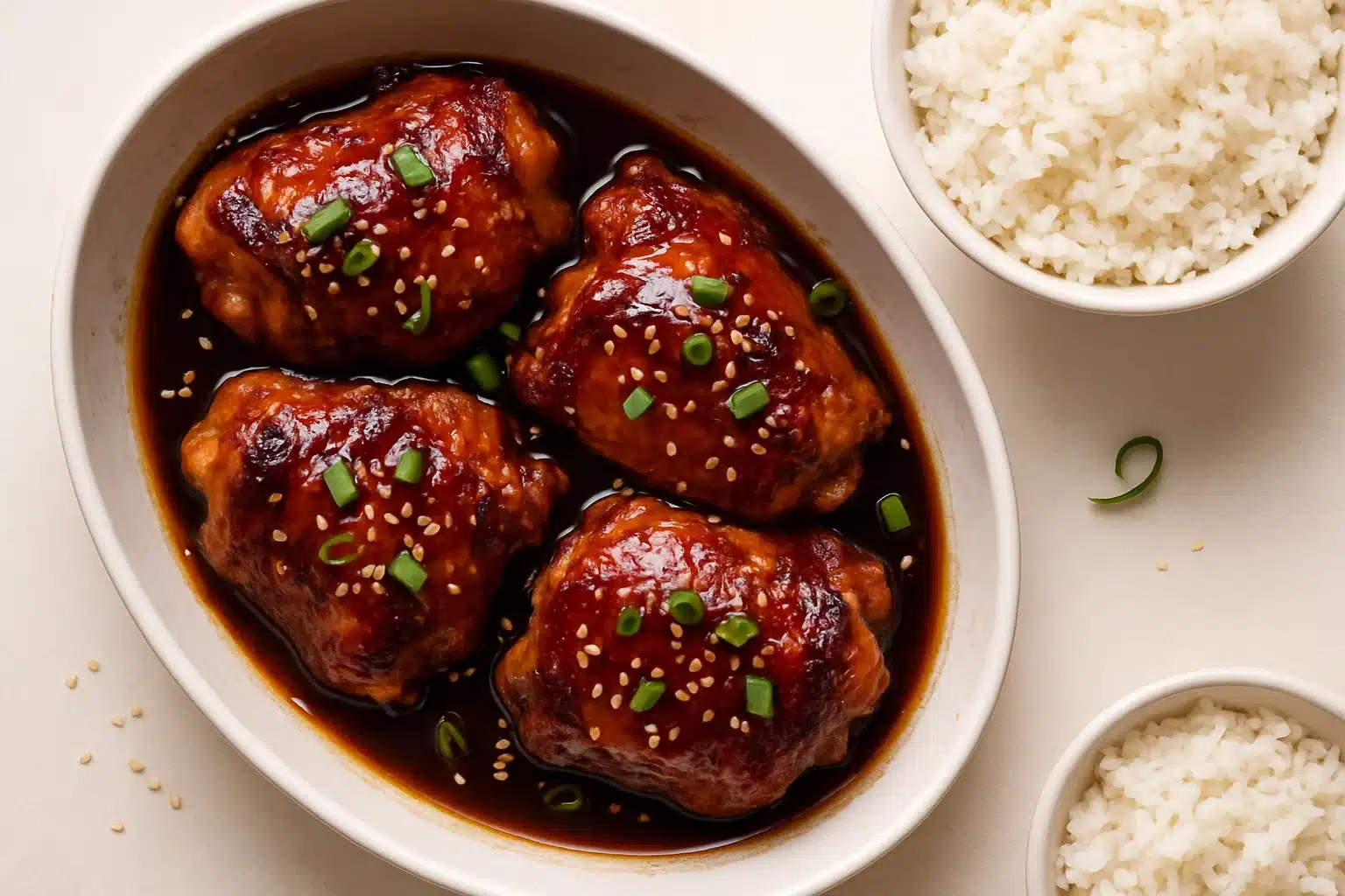 Baked teriyaki chicken thighs in a white dish