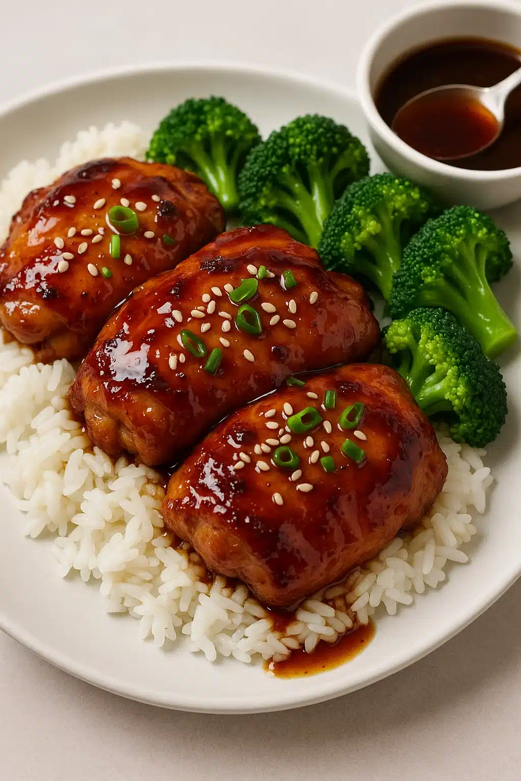 Served baked teriyaki chicken thighs with rice