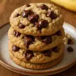 banana chocolate chip cookies stacked on rustic plate