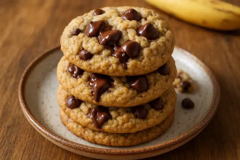banana chocolate chip cookies stacked on rustic plate