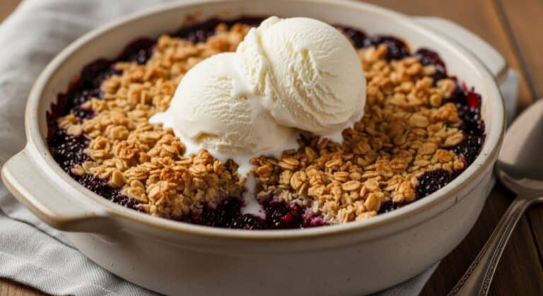 Fresh-baked blackberry crisp with oat topping and vanilla ice cream