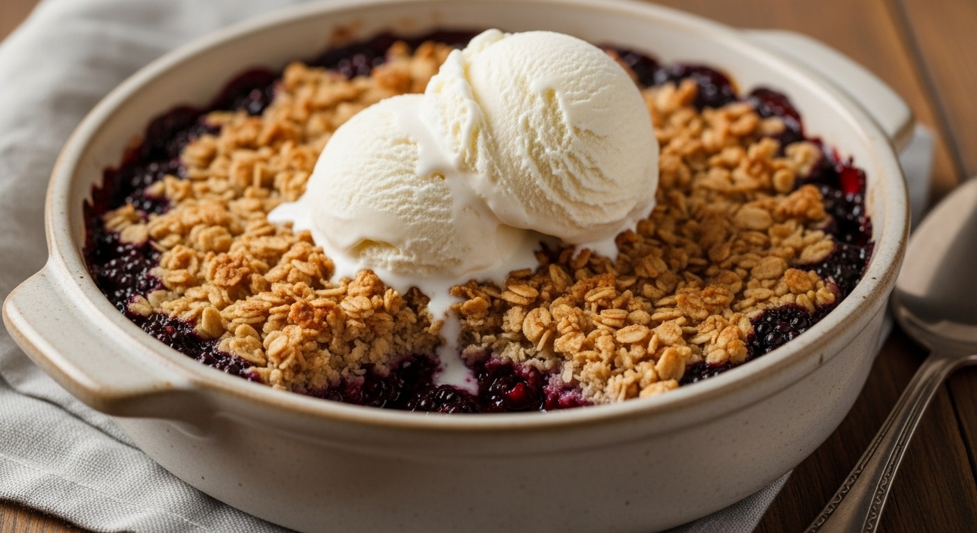 Fresh-baked blackberry crisp with oat topping and vanilla ice cream