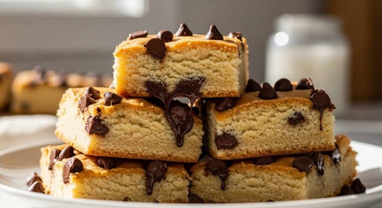 Cake mix cookie bars stacked on a plate with melted chocolate chips