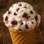 Homemade cherry garcia ice cream in waffle cone