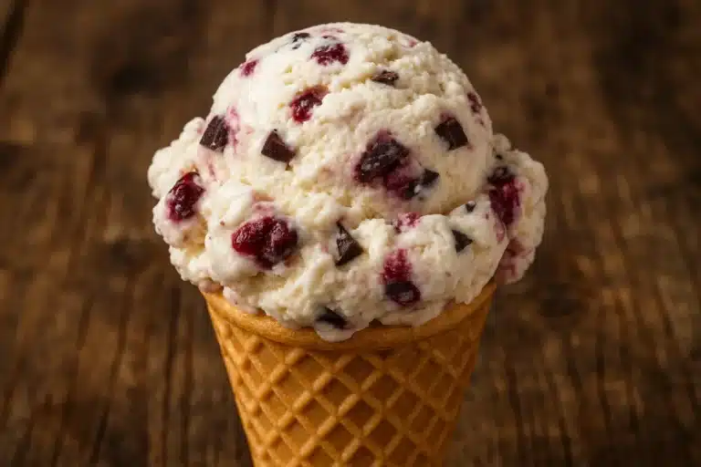 Homemade cherry garcia ice cream in waffle cone