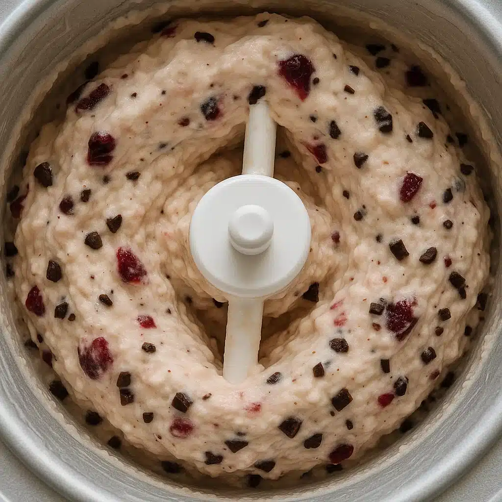 Cherry garcia ice cream being churned with chocolate and cherries