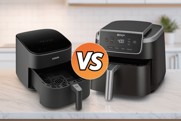 COSORI and Ninja air fryers side by side on a kitchen counter with a VS graphic