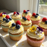 Lemon cupcakes with fruit and floral toppings