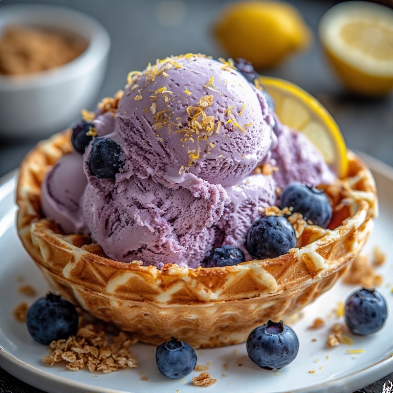 Blueberry ice cream with toppings