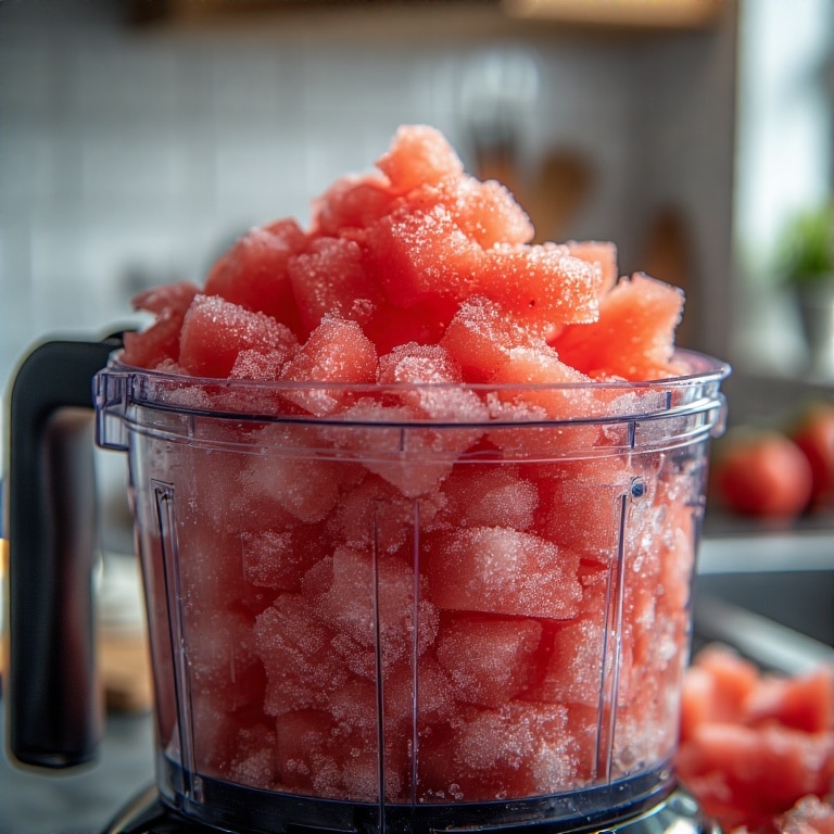 Blending frozen watermelon for sorbet