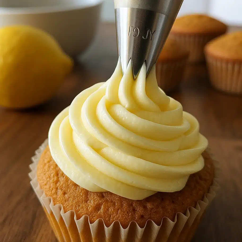 Piping lemon cream cheese frosting on cupcakes