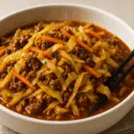 Ground beef and cabbage stir fry served hot in a bowl
