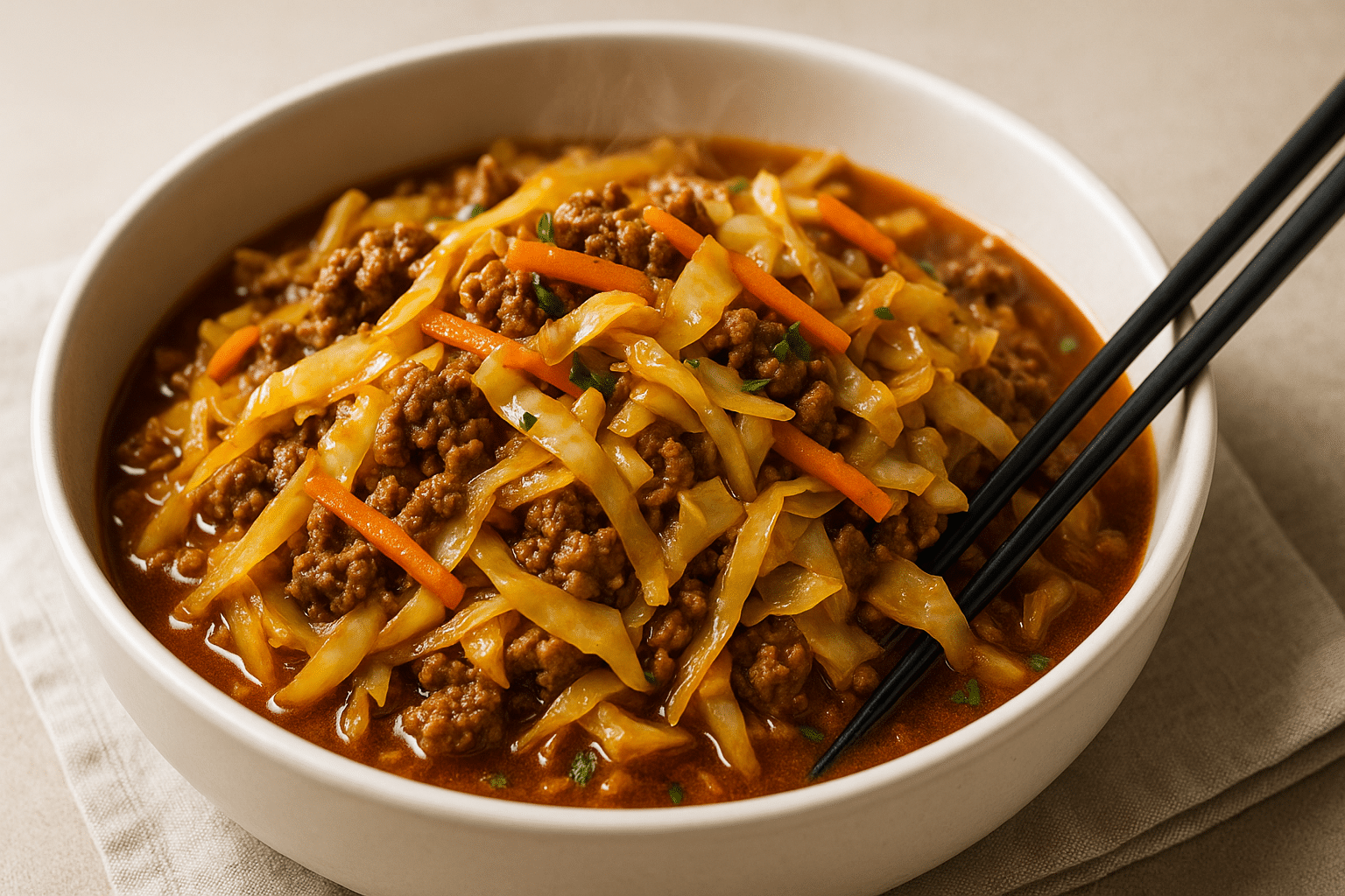 Ground beef and cabbage stir fry served hot in a bowl