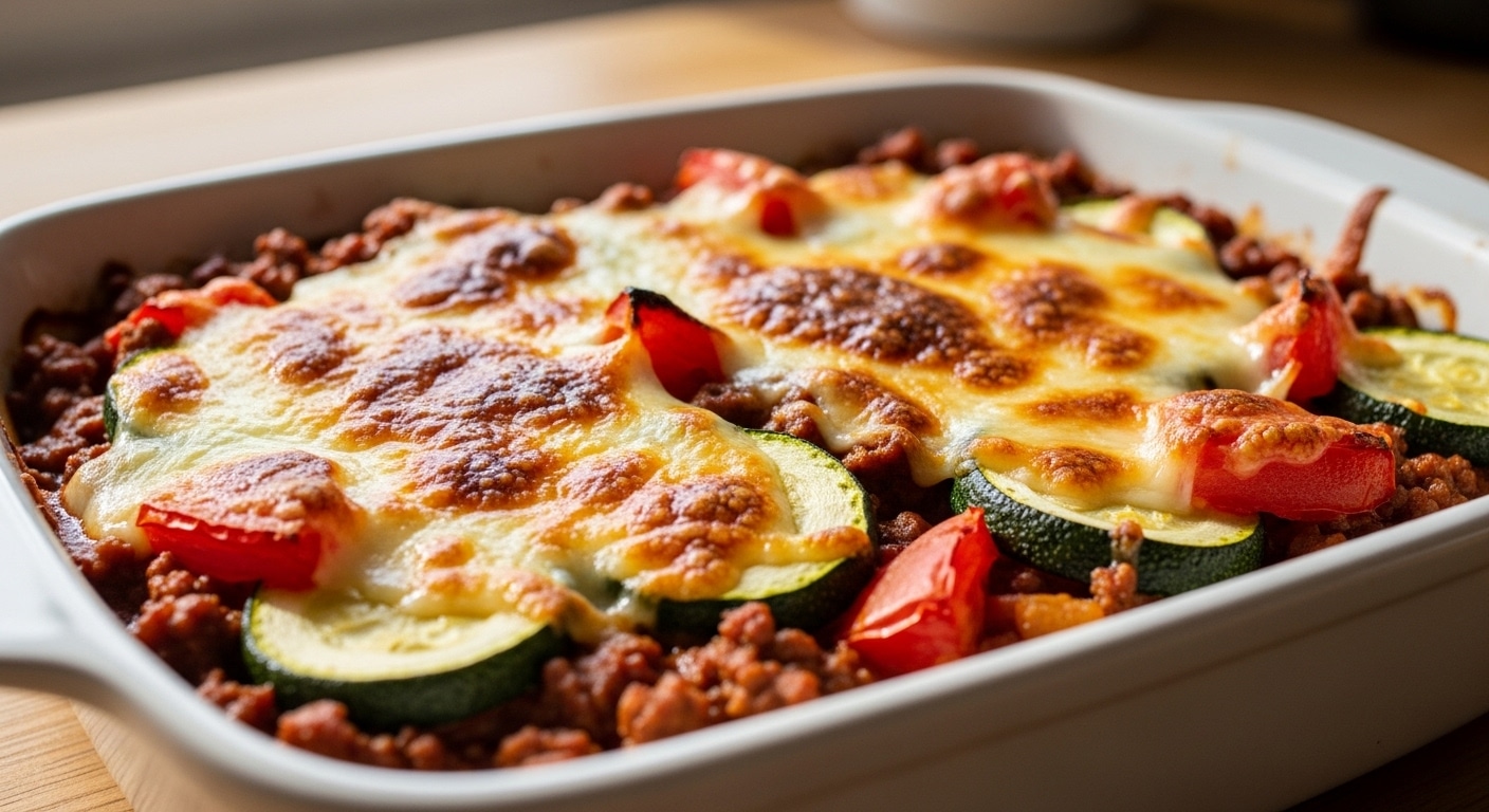 Ground beef zucchini recipe fresh from the oven with melted cheese