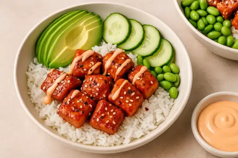 Honey sriracha salmon bowl with fresh toppings