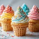 Ice cream cone cupcakes with swirled frosting and sprinkles on white marble