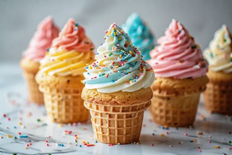 Ice cream cone cupcakes with swirled frosting and sprinkles on white marble