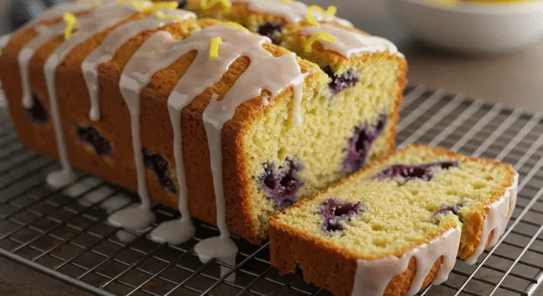 Moist lemon blueberry bread with glaze