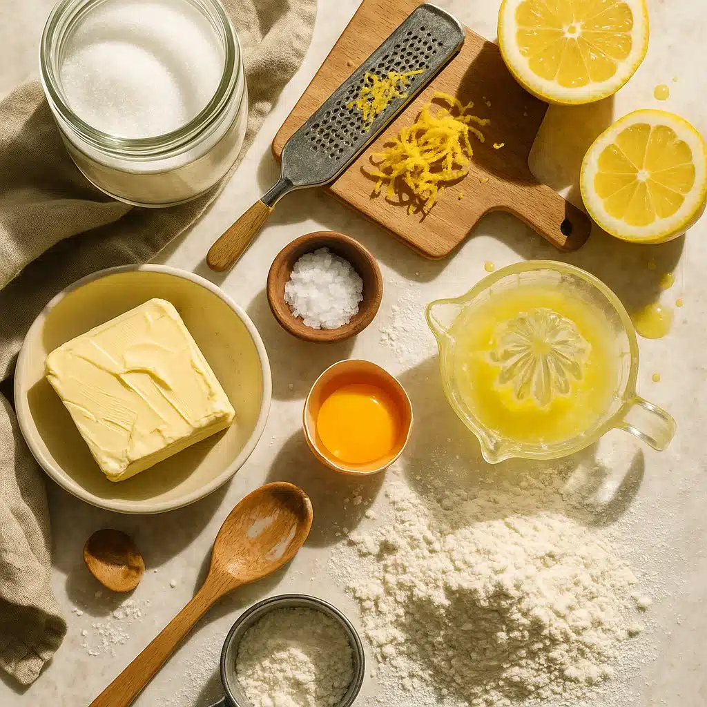 Flat-lay of lemon tart ingredients on marble in natural light.