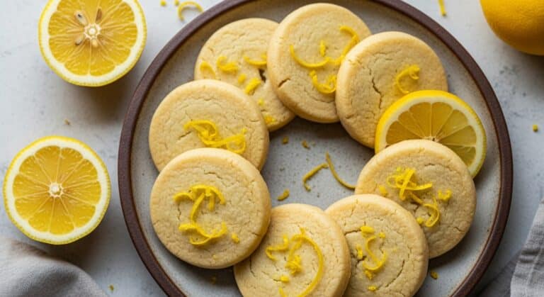 buttery lemon shortbread cookies on a ceramic plate