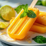 mango popsicles on white plate with lime and mint