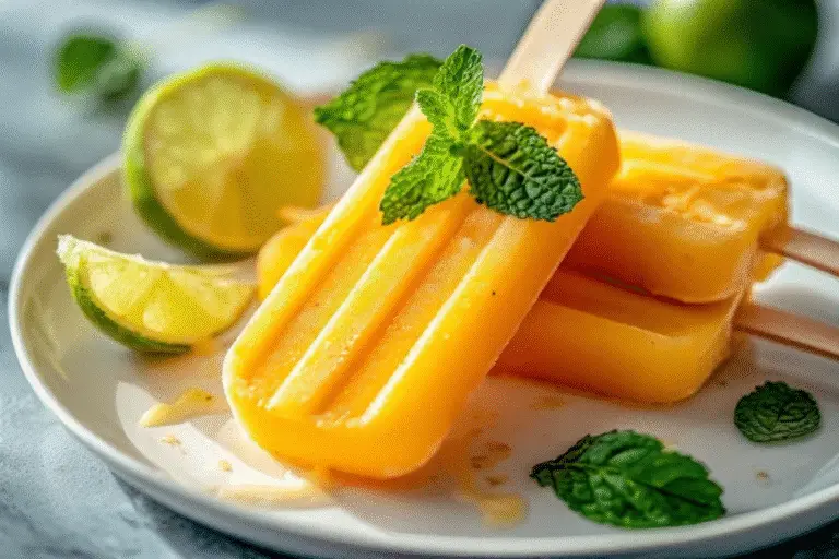 mango popsicles on white plate with lime and mint