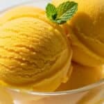 mango sorbet in a dessert bowl with mint