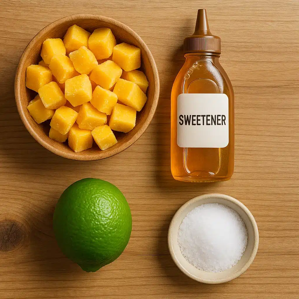 frozen mango and ingredients for mango sorbet