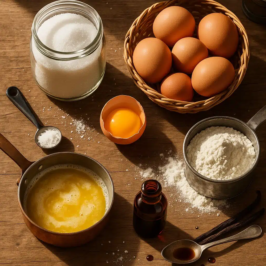 Overhead shot of sponge cake ingredients on rustic wood with warm lighting.
