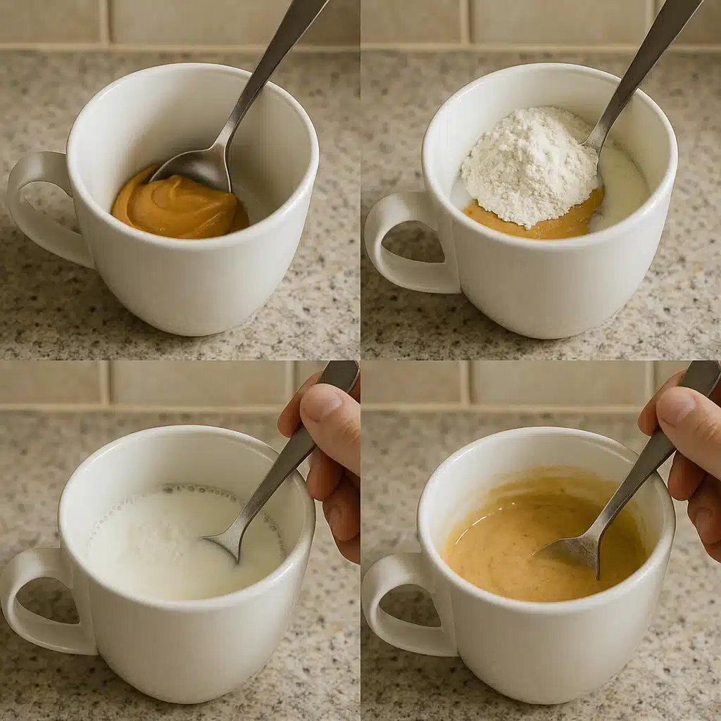 Mixing ingredients for peanut butter mug cake in a mug
