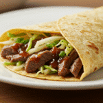 moo shu beef close-up on plate
