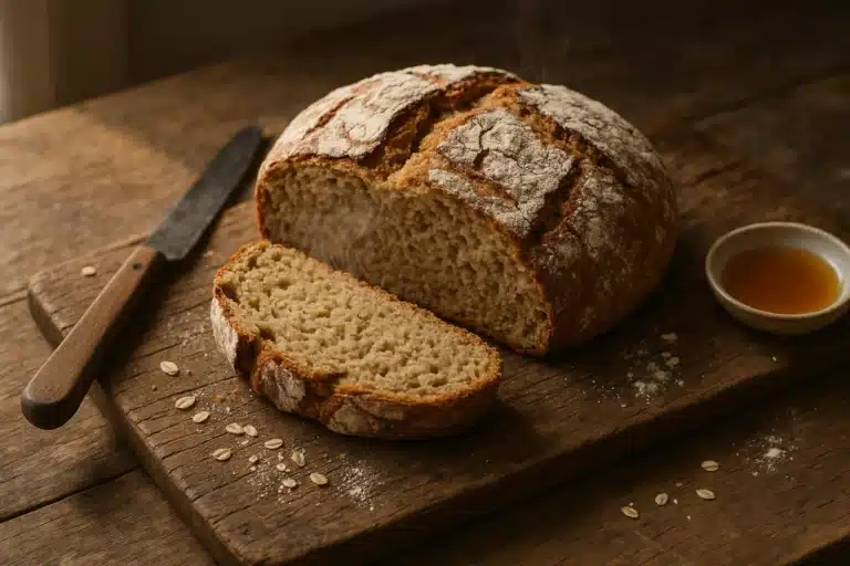 Oat flour bread sliced on a cutting board