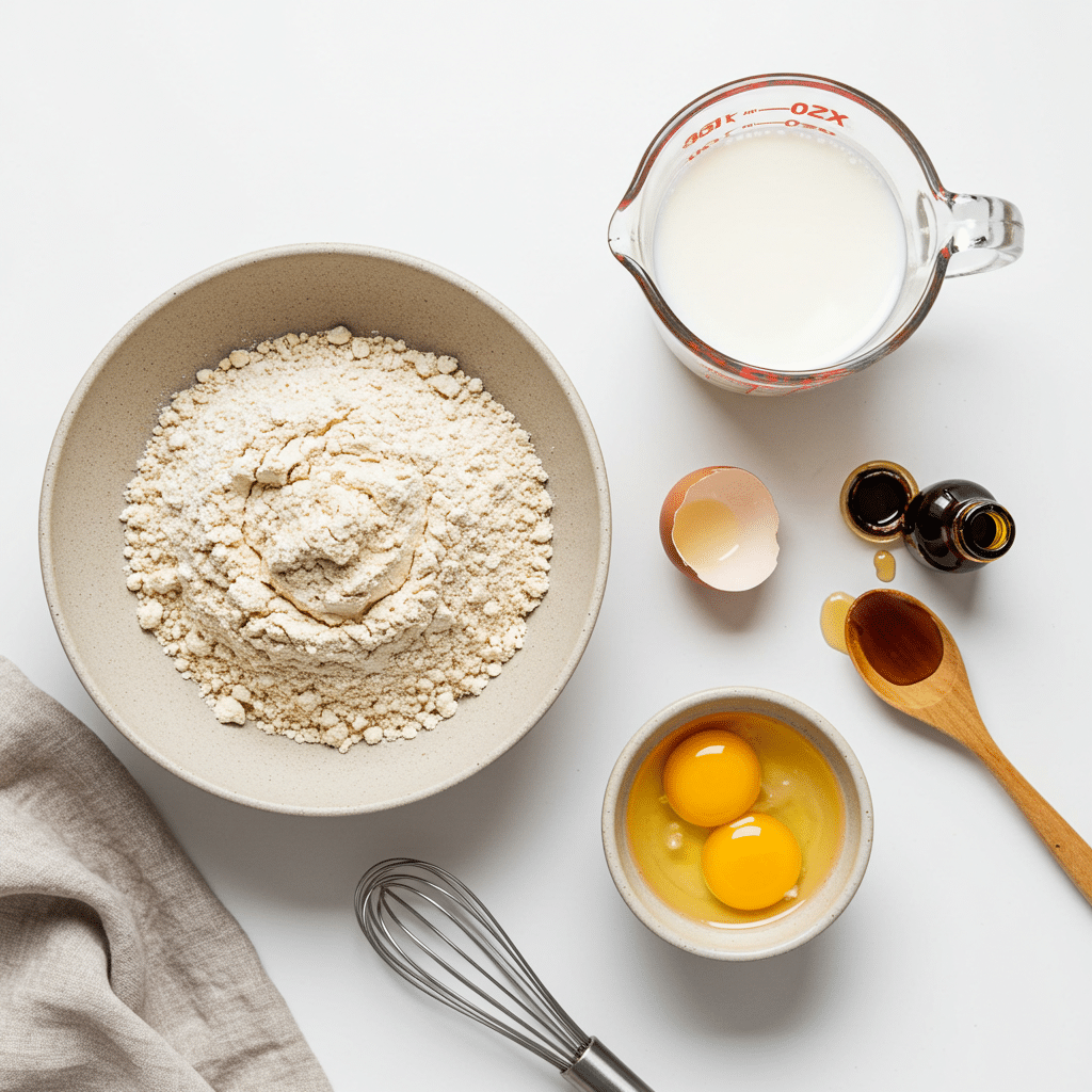Oatmeal flour pancakes ingredients on white background