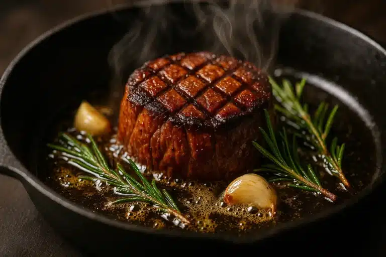 Pan Seared Steak Filet Mignon in Cast Iron Skillet