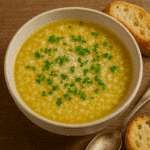 Serving bowl of Pastina Soup with parmesan and parsley