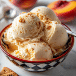 Peach Ice Cream in Waffle Cone with Fresh Peaches