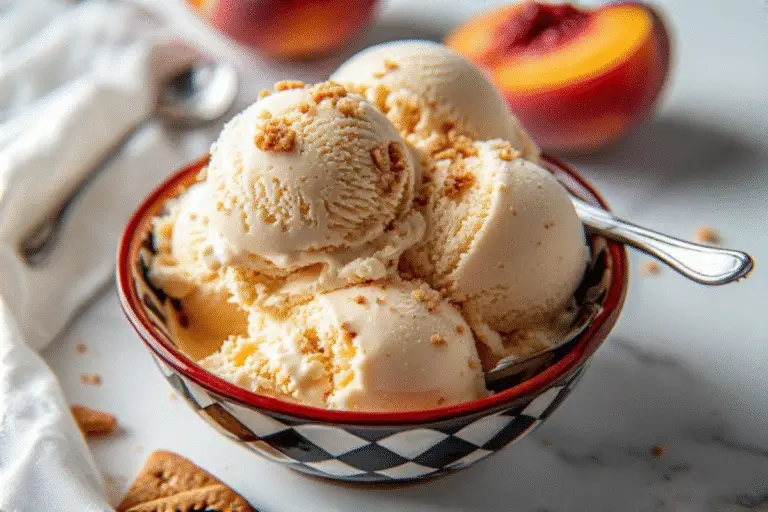 Peach Ice Cream in Waffle Cone with Fresh Peaches