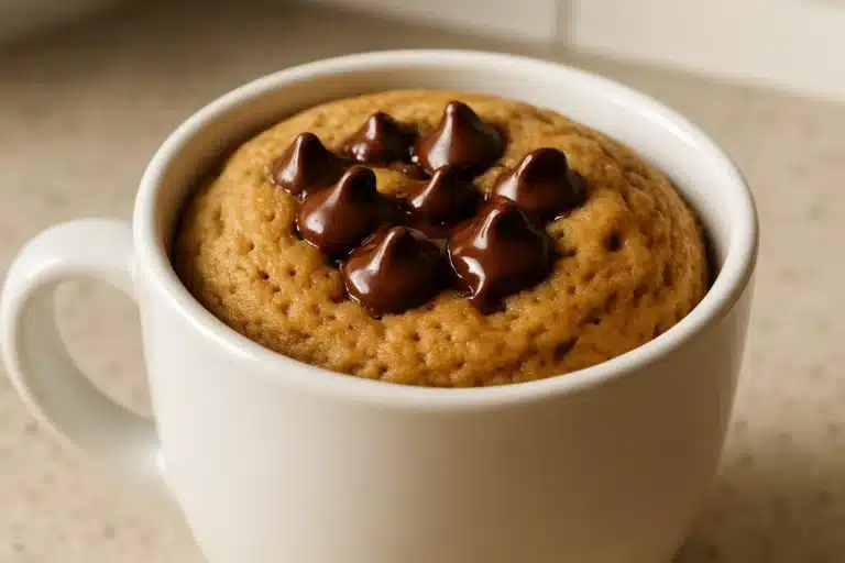 Peanut Butter Mug Cake fresh from microwave in a white mug
