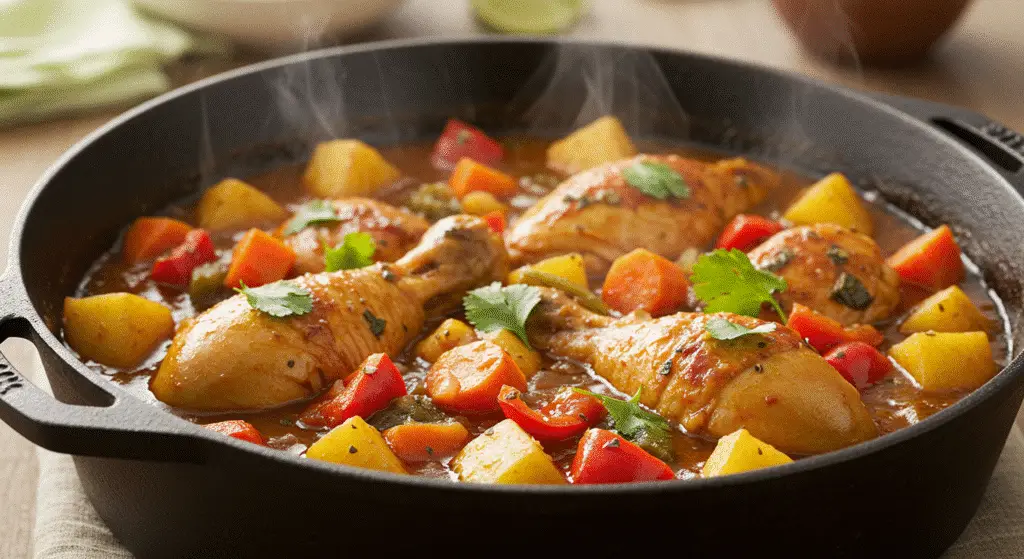 Pollo guisado in cast-iron pot with vegetables and herbs