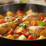 Pollo guisado in cast-iron pot with vegetables and herbs