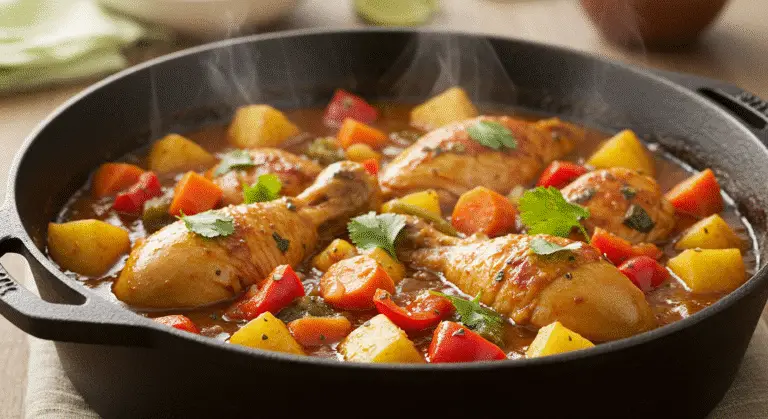 Pollo guisado in cast-iron pot with vegetables and herbs