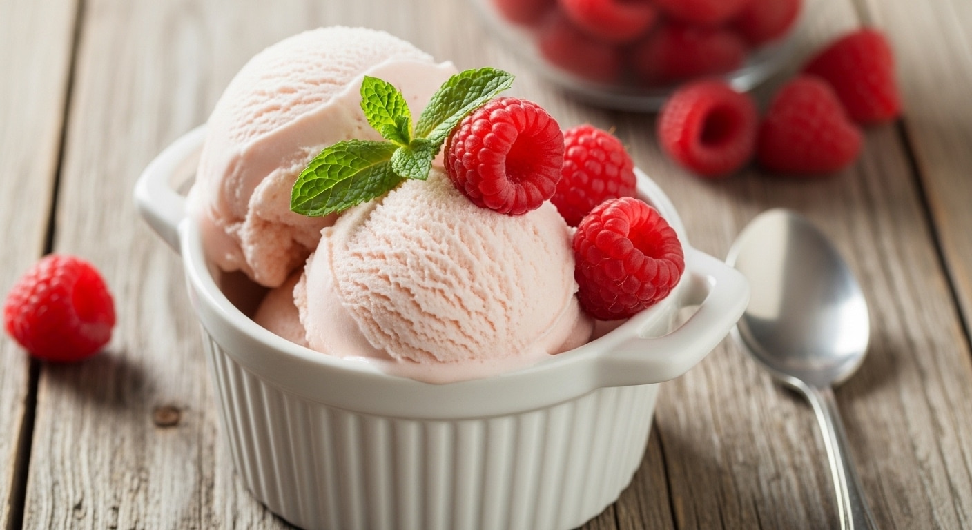 Homemade raspberry ice cream with fresh raspberries