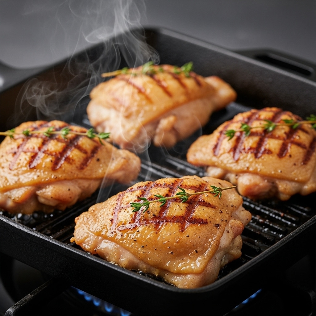 Chicken thighs cooking in skillet for grilled teriyaki chicken