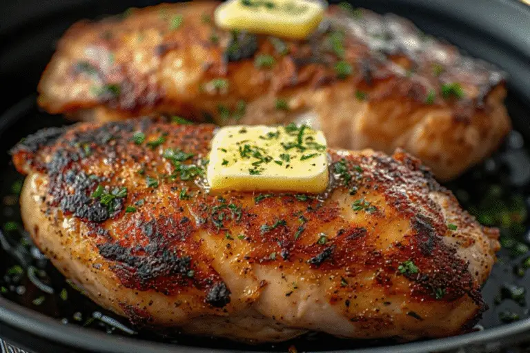 Juicy sous vide chicken breast with golden crust and herbs